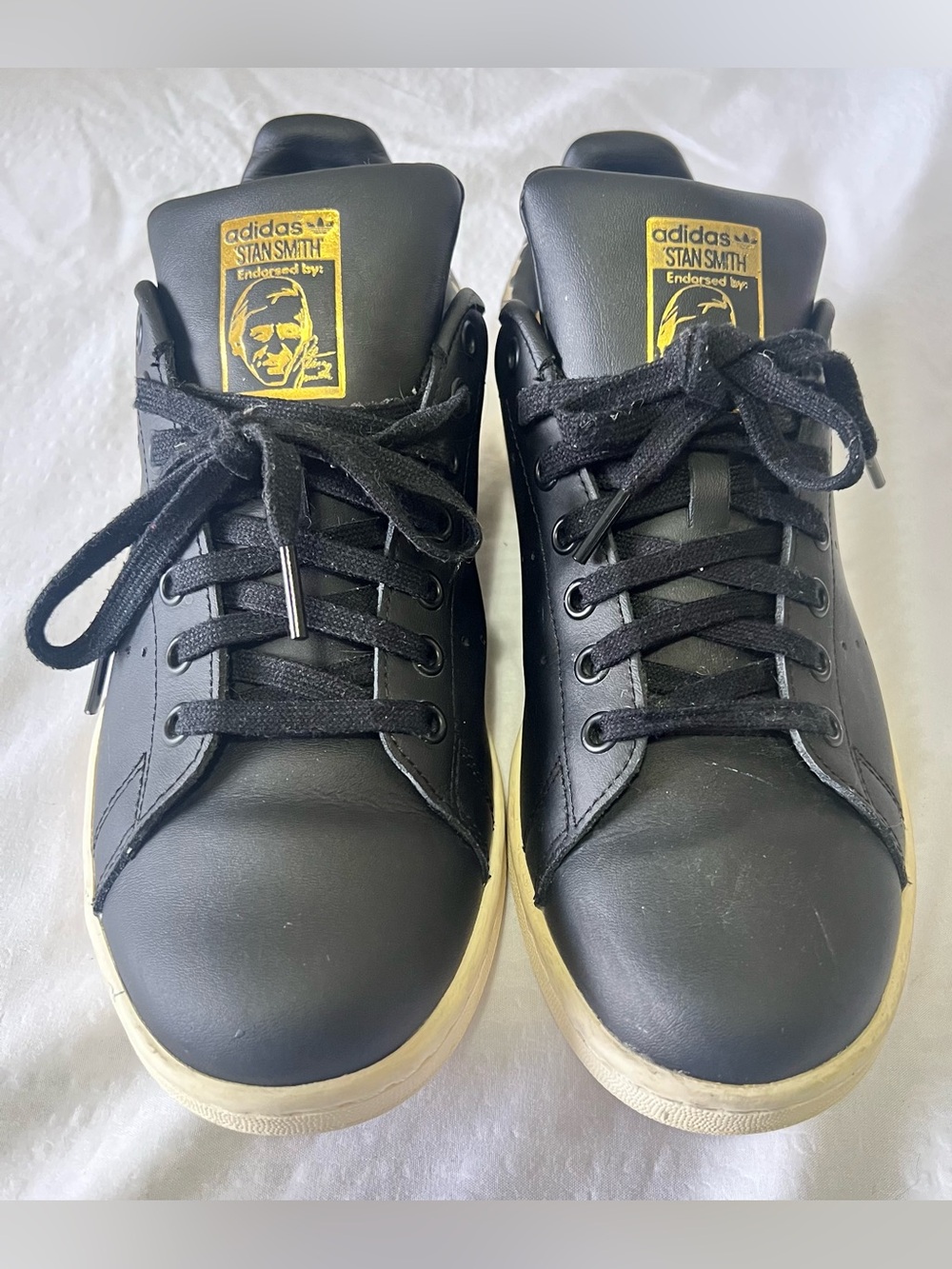 Adidas Stan Smith Black Leather Sneakers with Yellow Tongue Logo